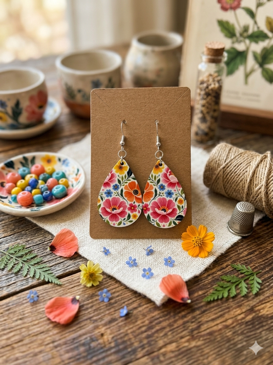 Vibrant Floral Print Teardrop Dangle Earrings – Colorful Botanical Jewelry